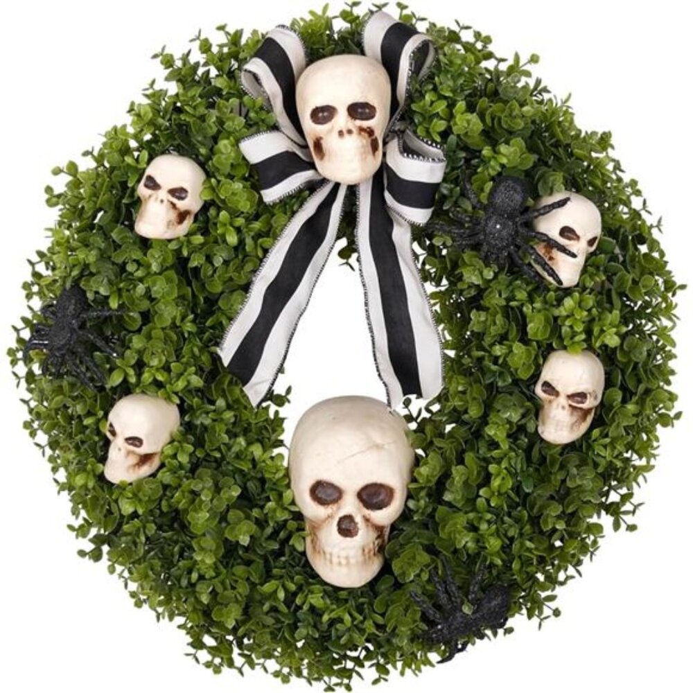 New Halloween Wreath for Front Door 20 Inch, with Faux Boxwood Skull Spider -